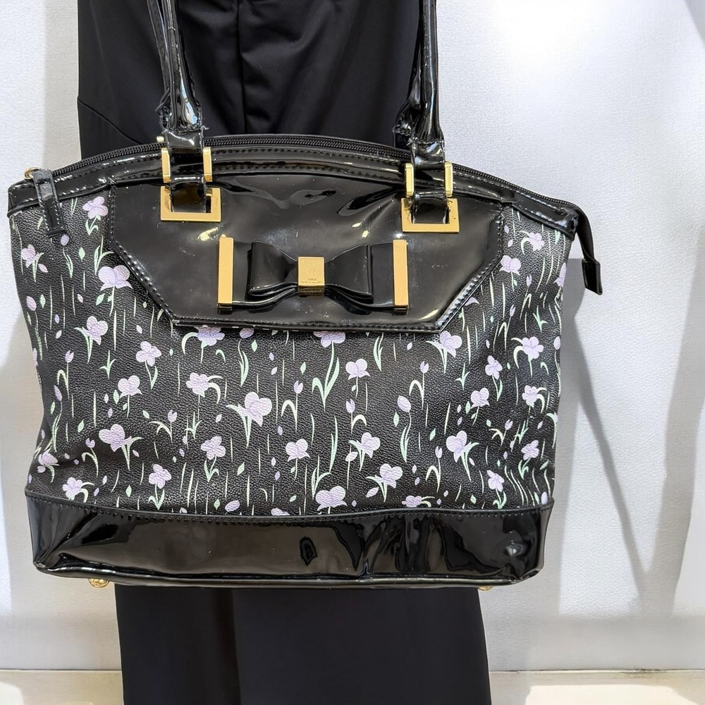 Lulu‎ Guinness Floral Patent Leather Bow Tote Bag Black Pink Polka Dot Lining